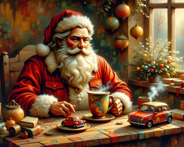 Santa Claus Enjoys Coffee in a Cozy Festive Room