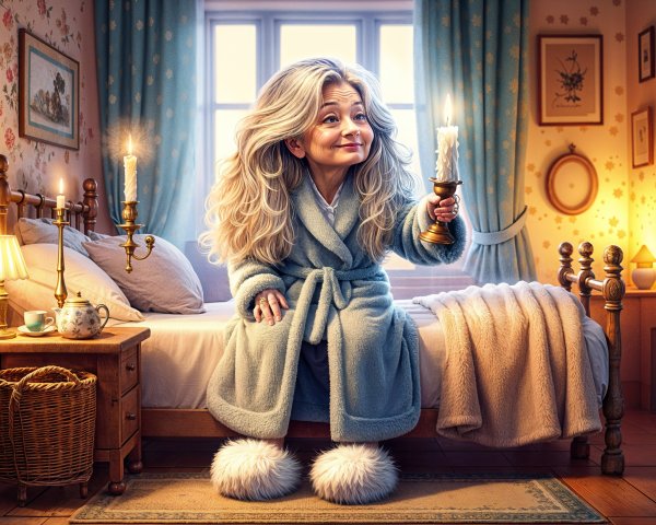 Cheerful Woman in Cozy Bedroom with Warm Lighting