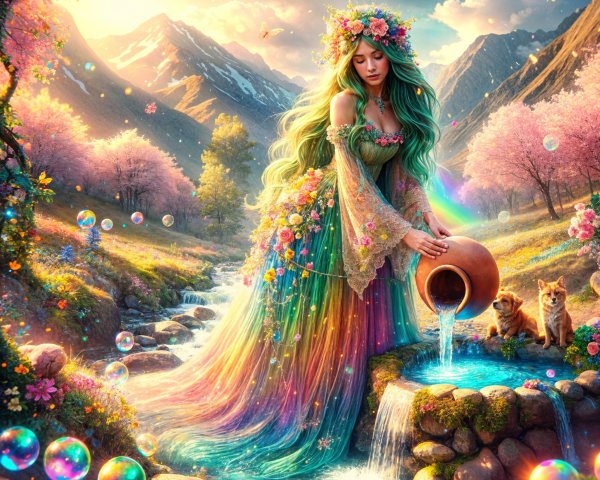 Mystical Woman in Flower Gown by Vibrant Stream