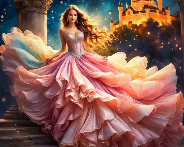 Young woman in layered pink gown by illuminated castle