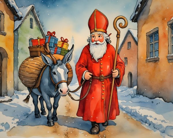 Bearded Figure in Red Robe with Donkey on Snowy Path