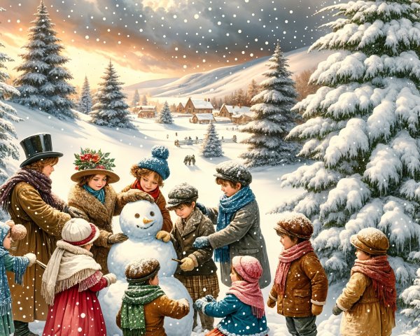 Children Building a Snowman in Winter Landscape