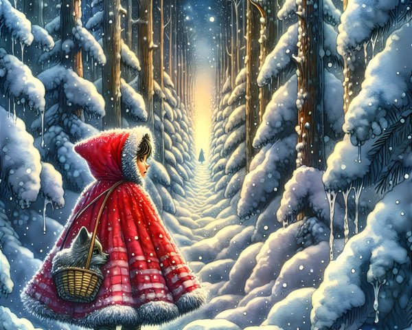 Winter Forest Scene with Girl in Red Cloak and Light