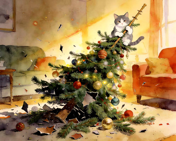 Watercolor of Cat on Fallen Christmas Tree in Living Room