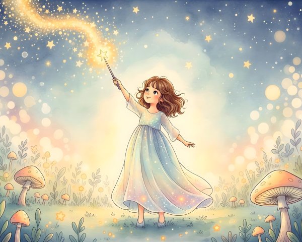 Watercolor Illustration of a Girl in a Dreamy Field