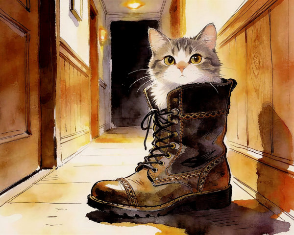 Watercolor Painting of Tabby Cat in a Boot