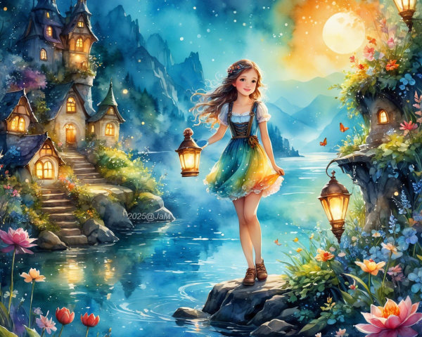 Whimsical Scene of a Girl by a Shimmering Lake