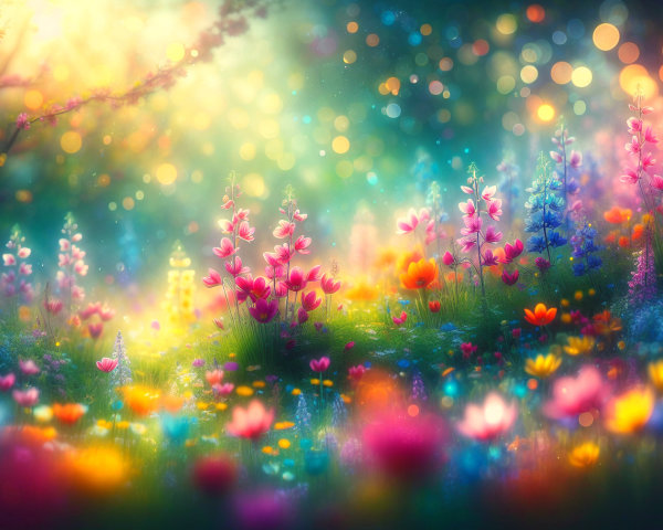 Vibrant Ethereal Meadow with Colorful Flowers and Bokeh
