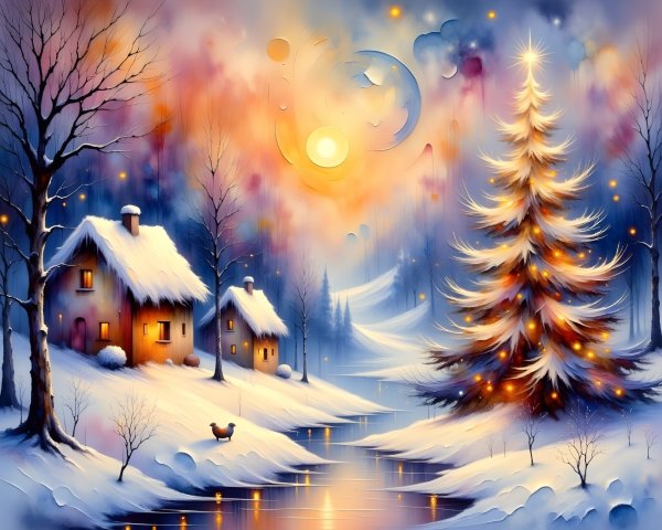 Winter Landscape with Snowy Cottages and Sunset Glow