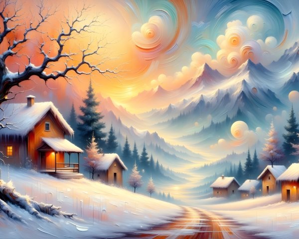 Winter Landscape with Houses and Majestic Mountains