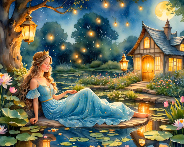 Young Woman by Pond with Blooming Lotuses at Night