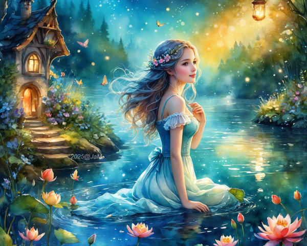 Young Woman in Blue Dress by Tranquil Lake with Lotus