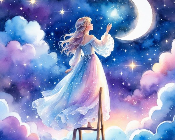 Young woman in gown reaching for crescent moon