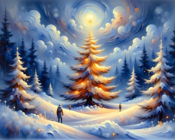 Winter Landscape with Christmas Tree and Snowy Atmosphere