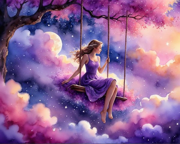 Young Woman on Swing Under Starry Sky and Moon