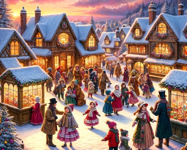 Charming winter village scene with festive atmosphere