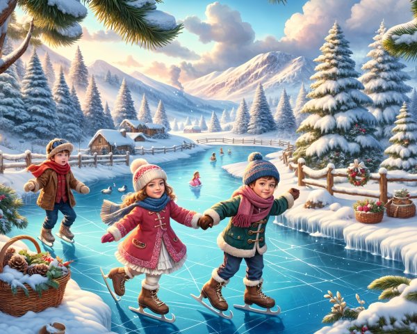 Winter Landscape with Children Skating on Frozen River