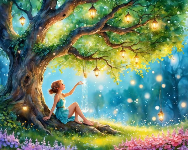 Young girl by glowing tree in magical forest setting