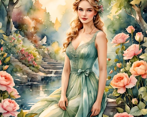 Young Woman in Green Dress by Tranquil Pond