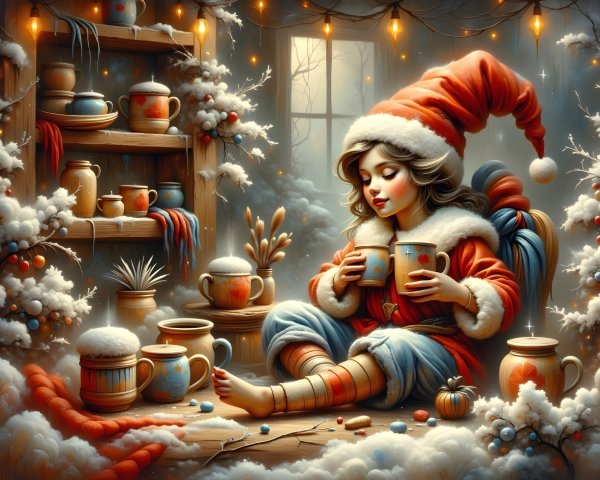 Cozy Winter Scene with Girl and Festive Mugs