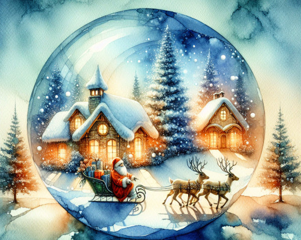 Whimsical Winter Scene in a Snow Globe with Santa