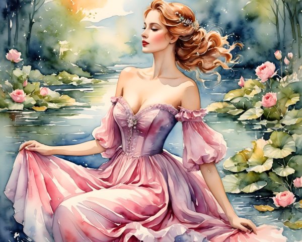 Young Woman in Pink Gown by Tranquil Pond