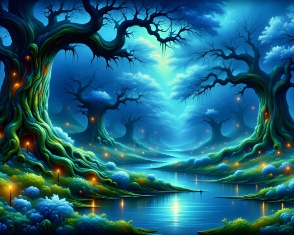 Nocturnal forest landscape with ancient glowing trees