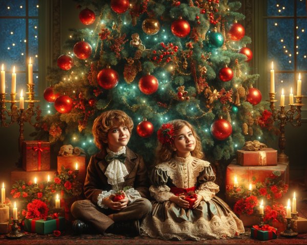 Children Enjoying Christmas by a Decorated Tree