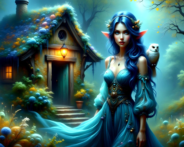 Magical realism scene with elf woman and rustic cabin