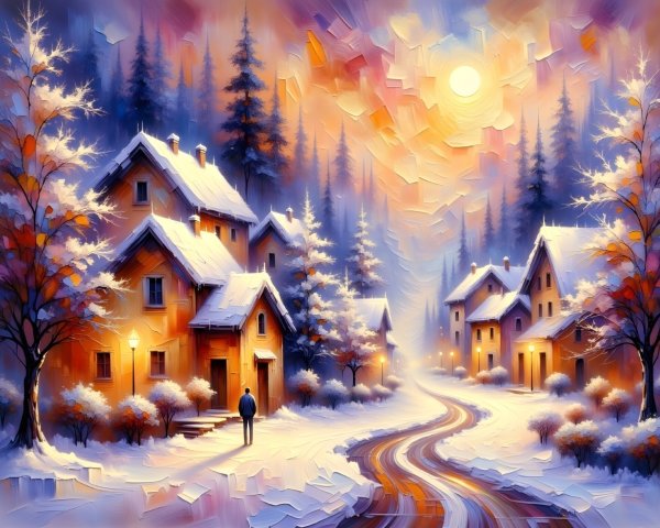 Serene Winter Village Scene with Snow-Covered Path
