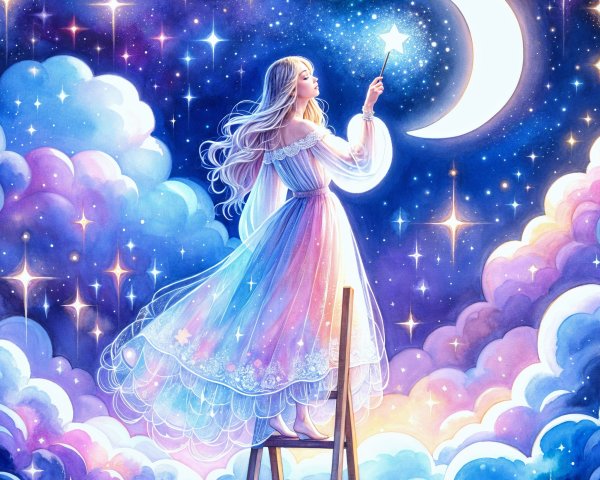 Dreamy Night Sky with Woman Reaching for a Star