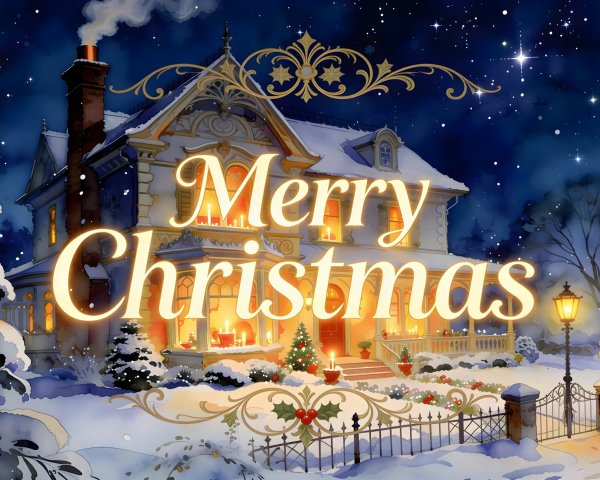 Whimsical Watercolor Christmas Scene with Victorian House