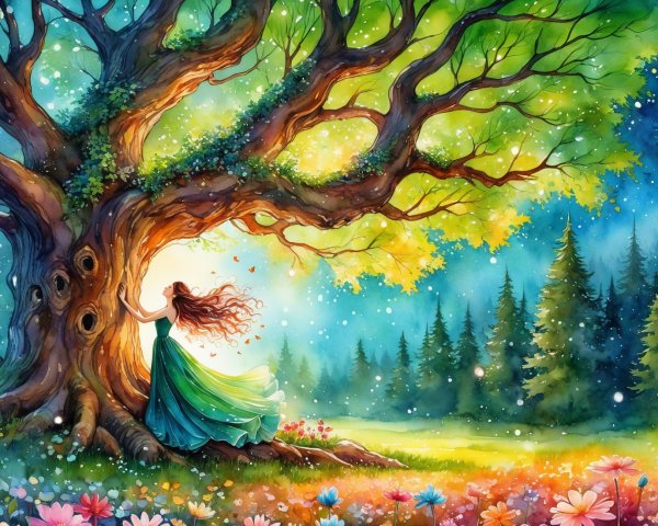 Whimsical Forest Scene with Woman and Majestic Tree