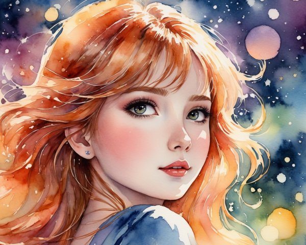 Watercolor Portrait of Woman with Auburn Hair and Stars