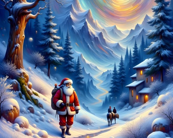 Santa Claus Walking in a Snowy Mountain Landscape