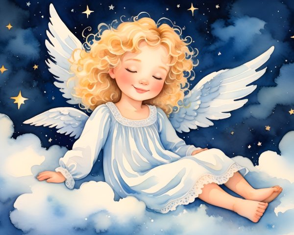 Cherubic Child Resting on Cloud Under Starry Sky
