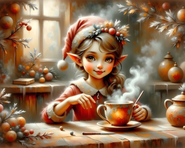 Cozy Elf Girl with Tea in Autumn Decor Setting