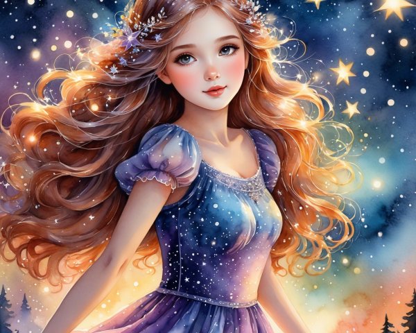 Young girl in lavender gown under starry night sky