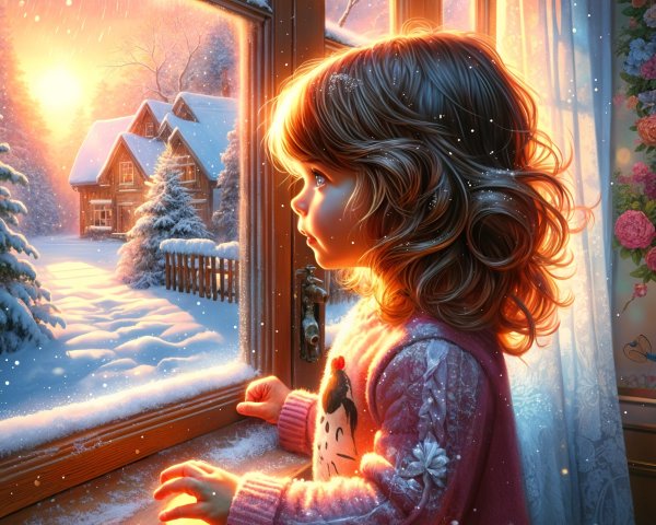 Young girl at frosty window with snowy landscape view