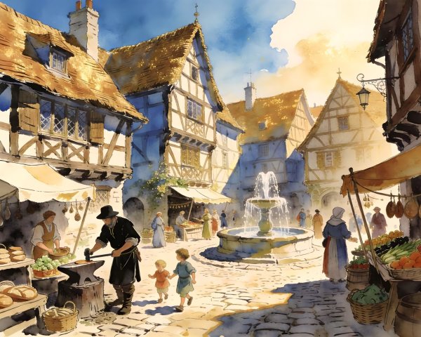 Watercolor Painting of a Medieval Town Square Scene