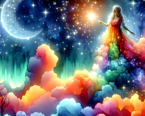 Celestial Figure on Colorful Clouds in Night Sky
