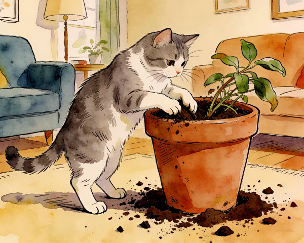 Watercolor of a cat digging in a plant pot indoors
