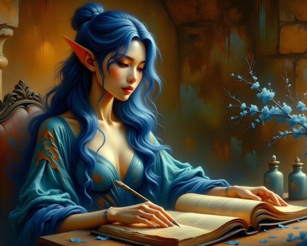Hyperrealistic Digital Painting of an Elf Reading