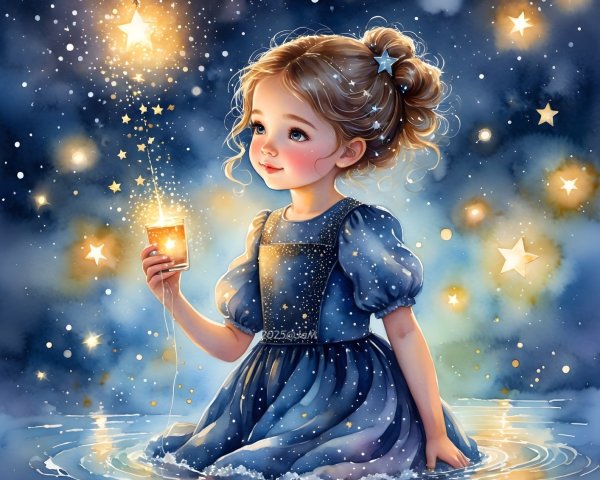 Whimsical Night Scene with Girl and Glowing Lantern