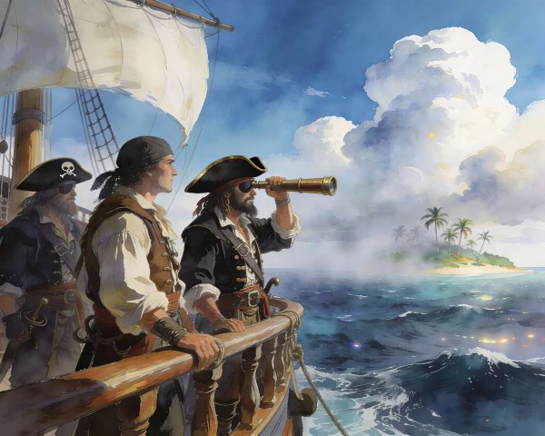 Detailed Painting of Pirates on Ship Near Tropical Island