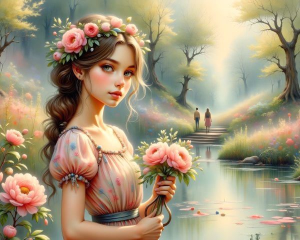 Young Girl with Pink Roses by a Shimmering River
