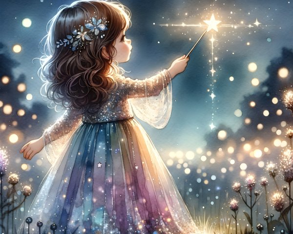 Fairy girl in shimmering attire with starry background