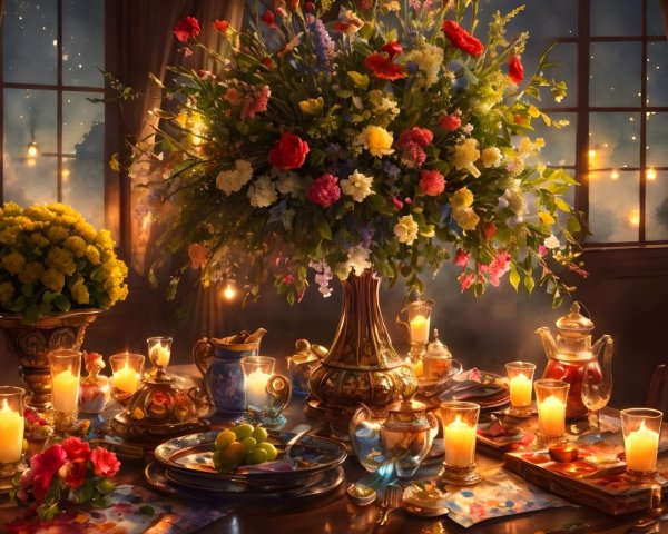 Elegant Dining Table with Floral Centerpieces and Candles