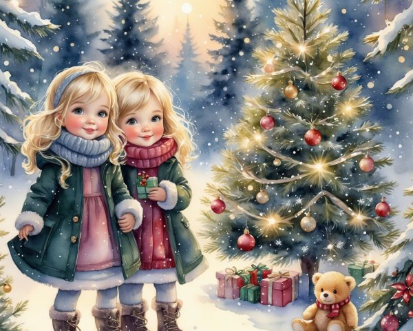 Cheerful girls in winter landscape with Christmas tree