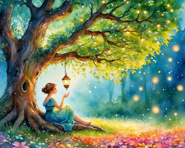 Enchanting Forest Scene with Young Woman and Lantern